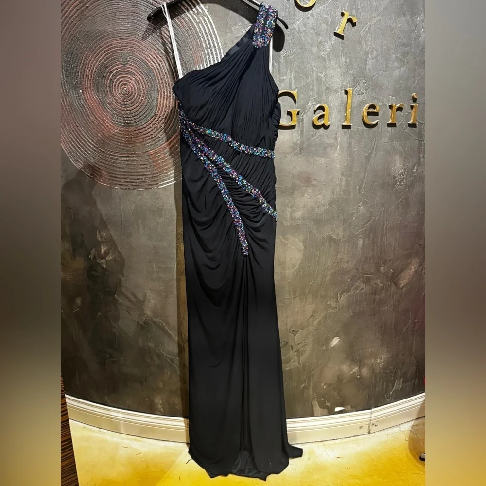 Holiday party ready Jovani Black One-Shoulder Dress sequins ruffled NWOT 8 - Picture 3 of 9